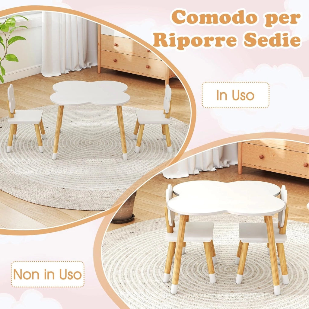 Set Tavolo per Bambini a Forma di Fiore, Tavolino e Sedia in Legno con 2 Sedie e Gambe in Legno di Pino Solido, Tavolino Bambini 3+ Anni per Disegno, Arte e Studio (Bianco)