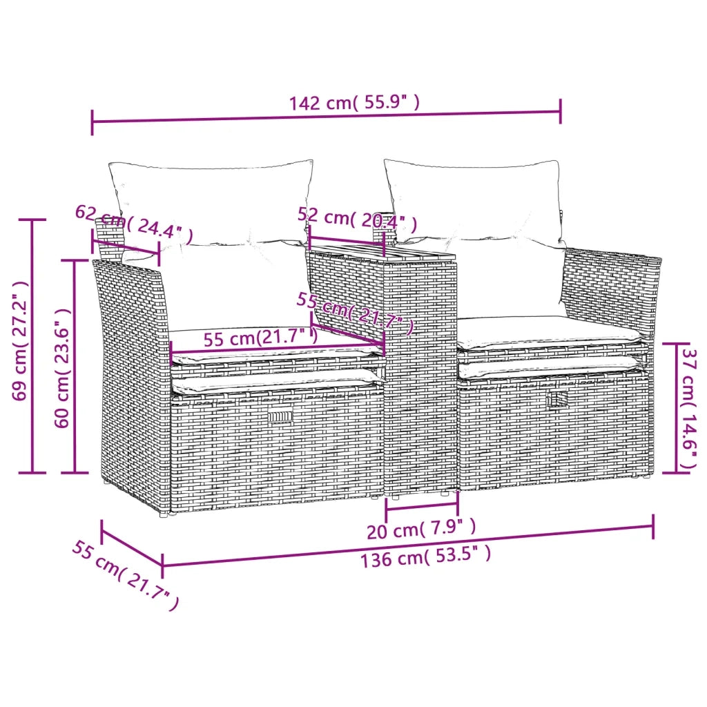 Divano da Giardino 2 Posti con Sgabelli Nero in Polyrattan 365803