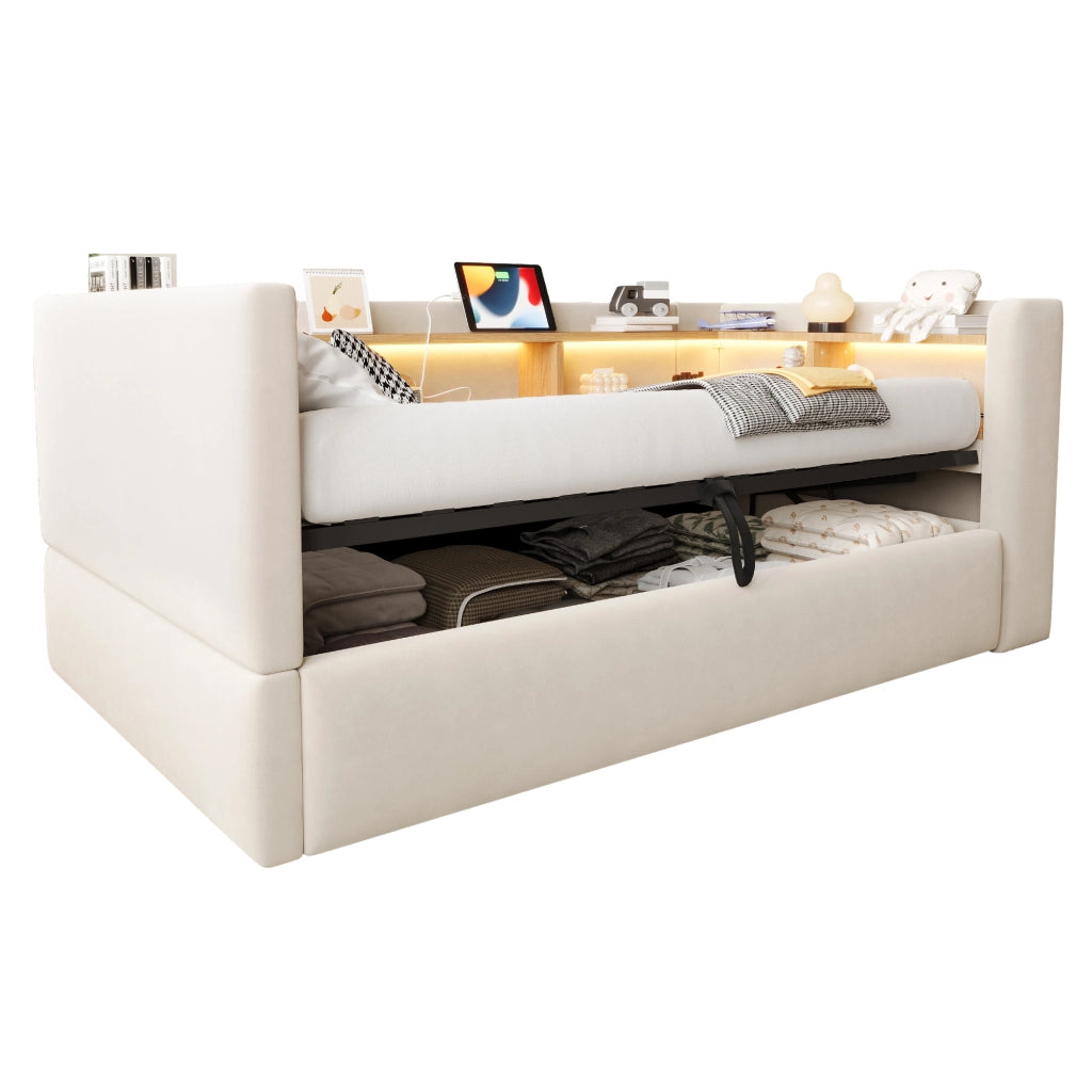 Letto imbottito trasformabile 90x190 cm con contenitore idraulico, LED, prese e rivestimento beige