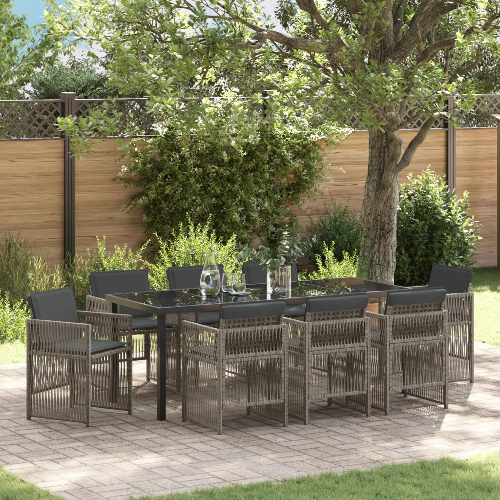 Set da Pranzo da Giardino da 9 Pezzi con Cuscini Grigio Rattan Poliestere