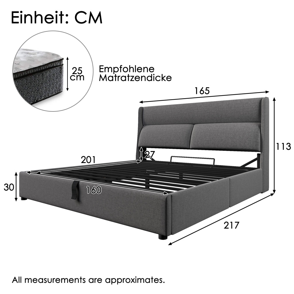 Letto matrimoniale 160 × 200 cm con contenitore, testiera regolabile e materasso incluso, in lino, grigio