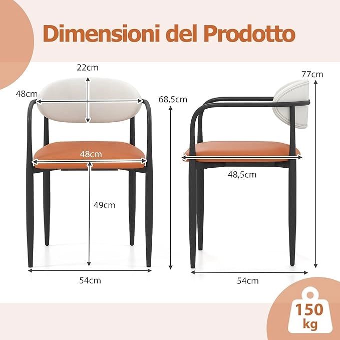 Set di 2 Sedie da Pranzo 54 x 54 x 77 cm, Sedie da Cucina con Sedile Imbottito in Finta Pelle, Schienale e Telaio in Metallo, Poltrone per Soggiorno e Ufficio