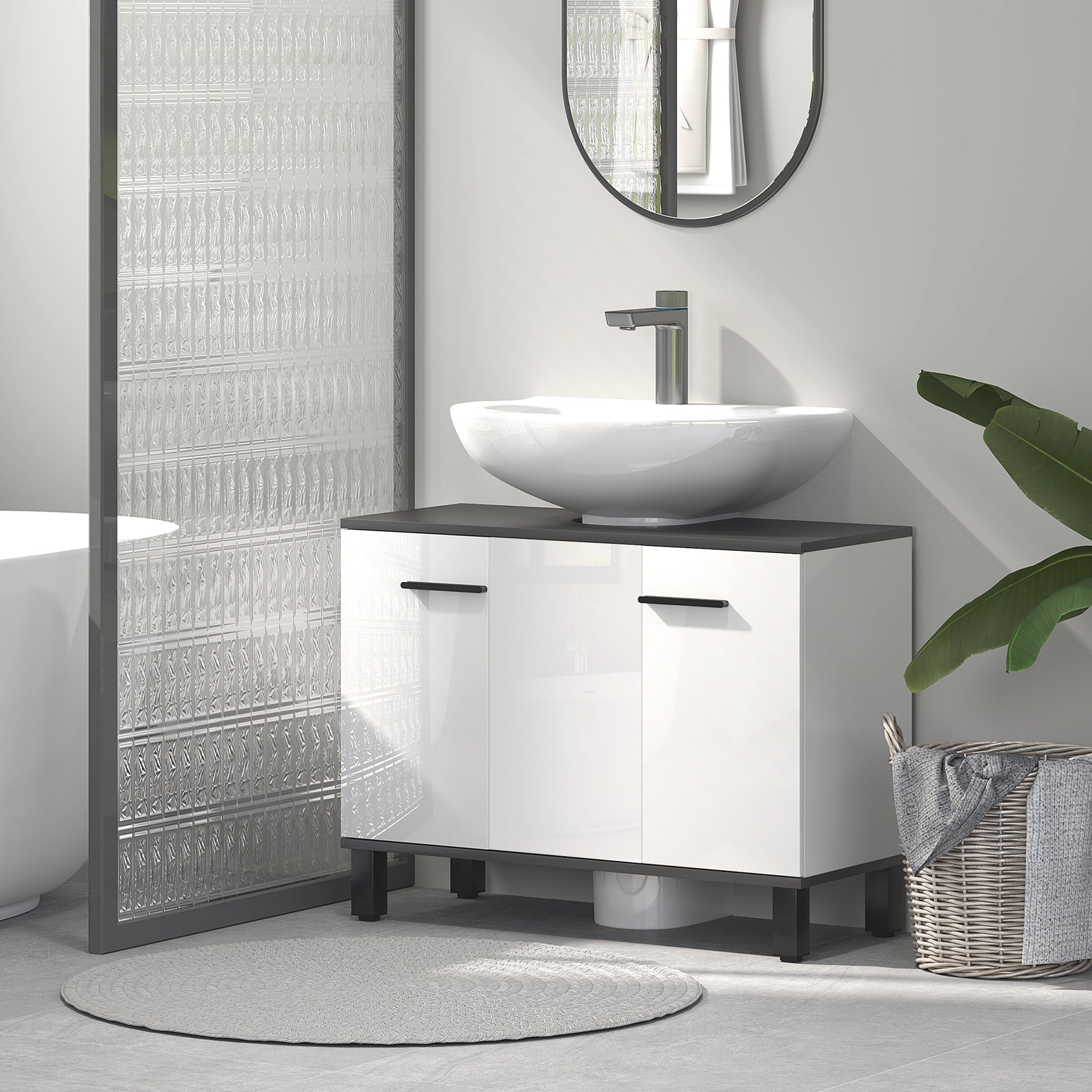Mobile Sottolavabo da Bagno con Armadietto 2 Ante 80x34x60 cm Bianco Lucido