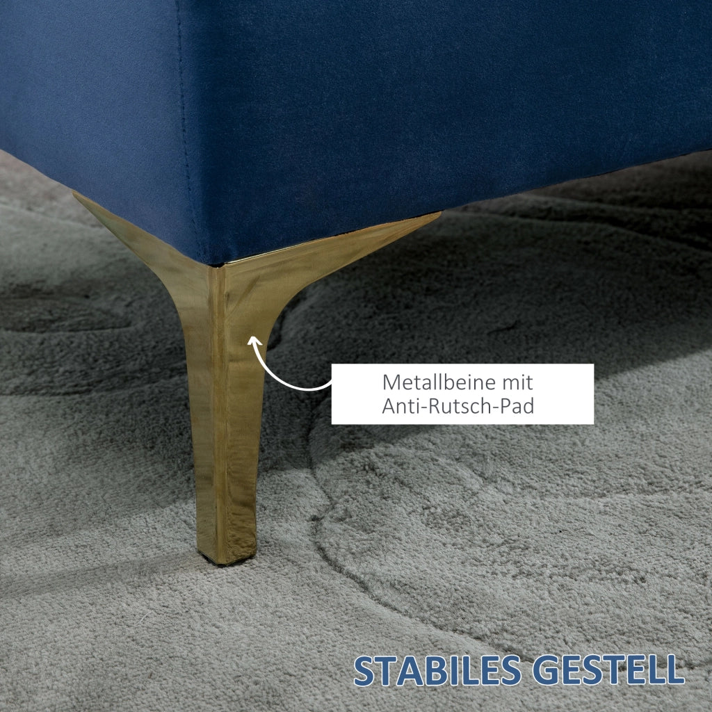 Panca da letto pouf imbottito multifunzionale con seduta trapuntata e gambe dorate in velluto blu 118 × 45 × 42 cm