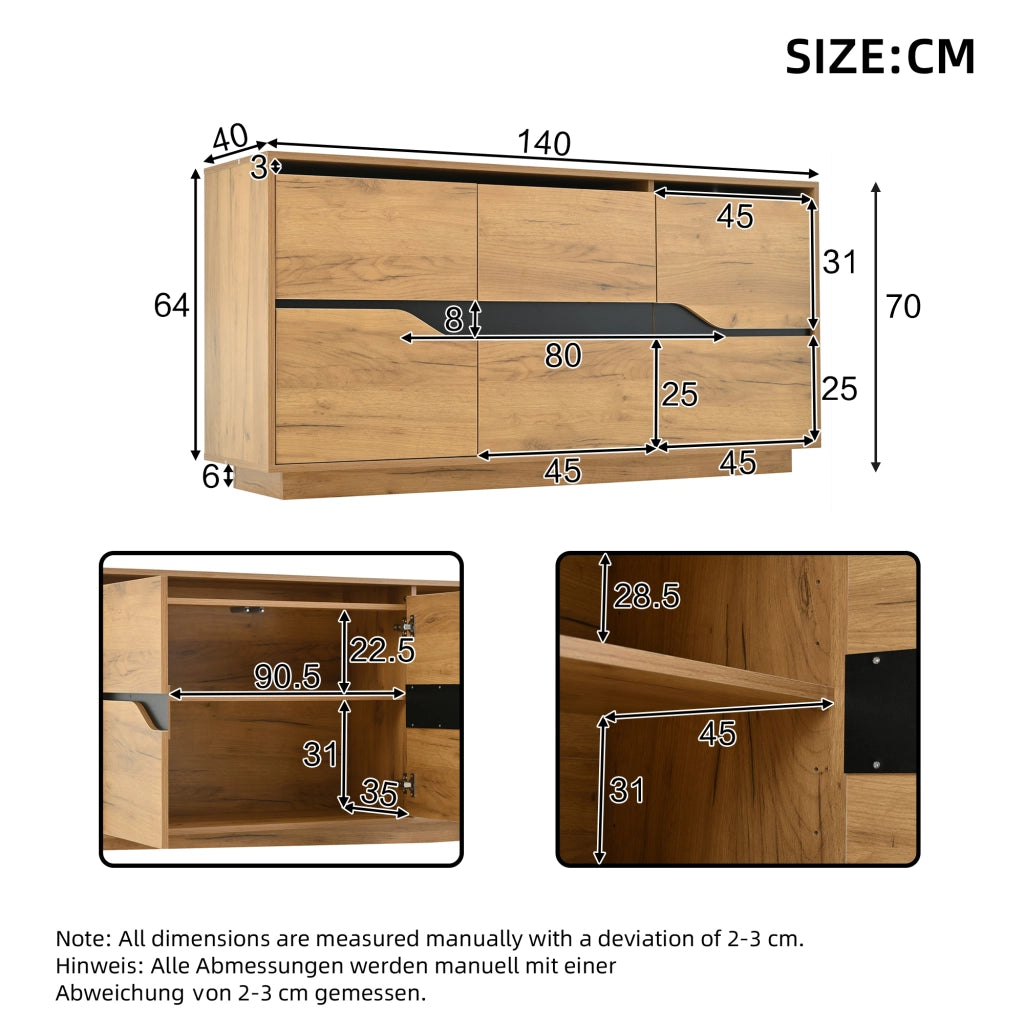 Credenza Soggiorno 140 cm Mobile Buffet 3 Ante Rovere e Nero