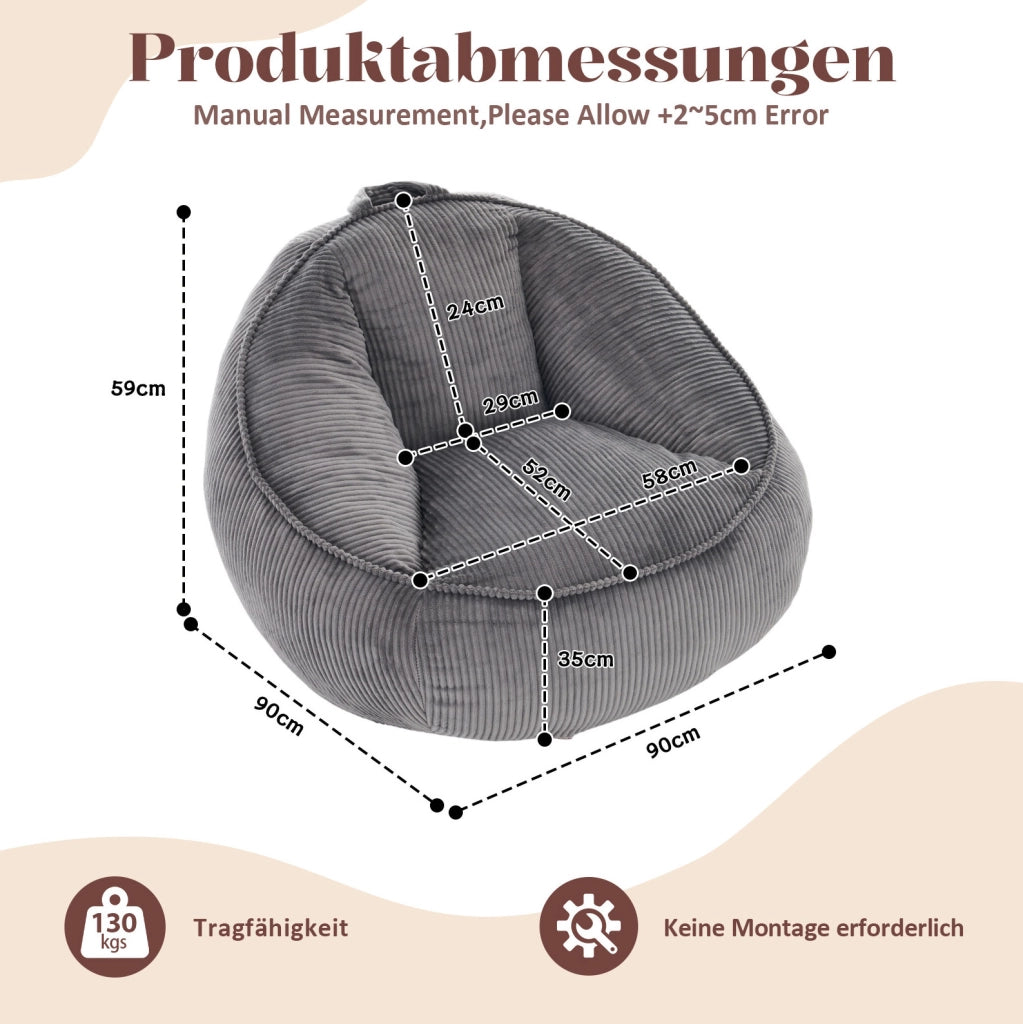 Pouf a pera ergonomico 90x90x59 cm in tessuto a coste grigio， memory foam
