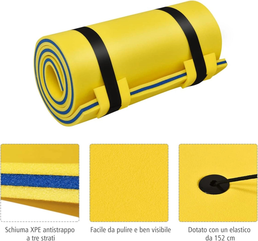 Tappeto Galleggiante per Mare e Piscina Arrotolabile, Materassino Galleggiante in Schiuma con Poggiatesta e Corda, Galleggiante Piscina Resistente