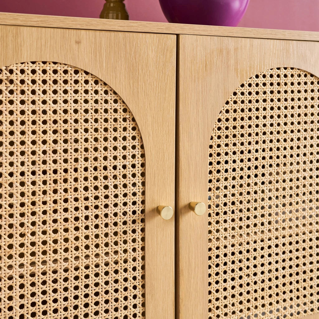 Credenza decorazione legno e canna 3 ante 120cm, marrone naturale