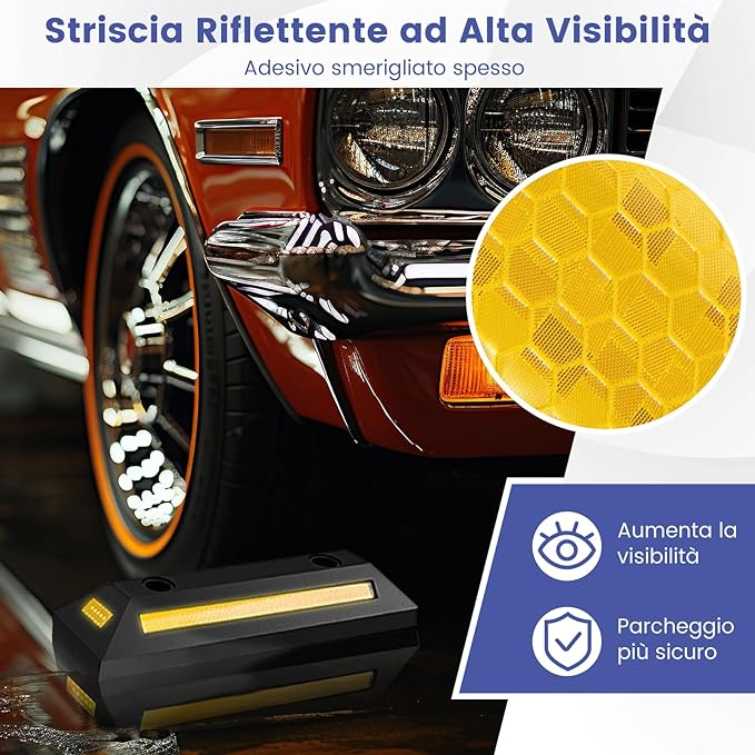 Ferma Ruota per Veicoli da Garage, Set di Fermaruote in Gomma per Parcheggi, con Strisce Riflettenti, per Uso Interno ed Esterno, 54,5 x 16 x 9 cm