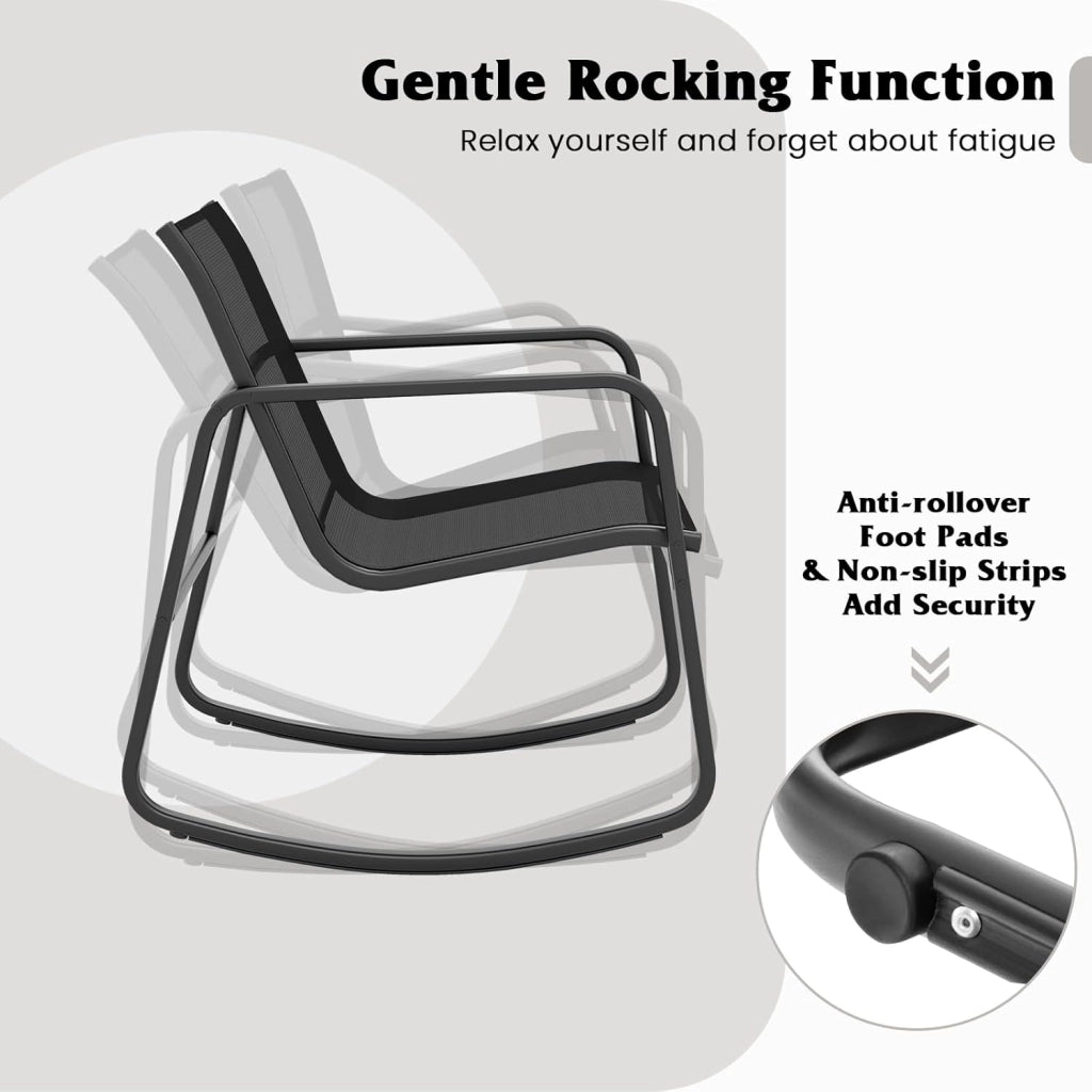 Set da Giardino per 2 Sedie a Dondolo con Tavolino in Vetro, Tessuto Traspirante e Gambe Regolabili, Ideale per Balcone, 3 Colori (Nero)