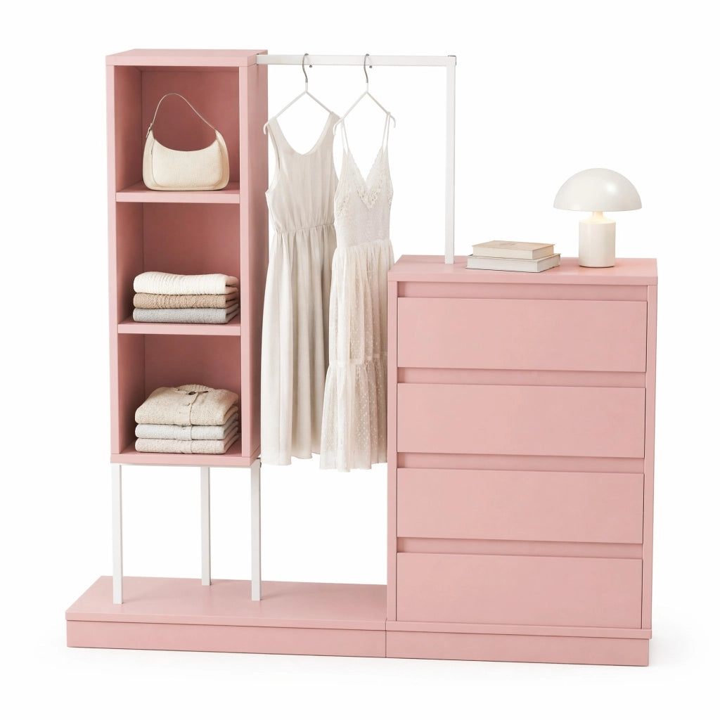 Mobile guardaroba con 4 cassetti e appendiabiti; 100 x 40 x 135 cm; rosa