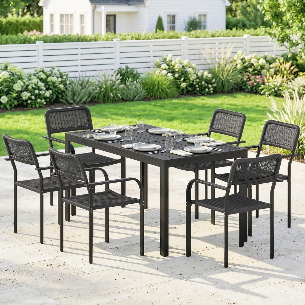 Set da Giardino 6 Persone ¨C zephmum ¨C Tavolo e Sedie con Foro Ombrellone, Nero