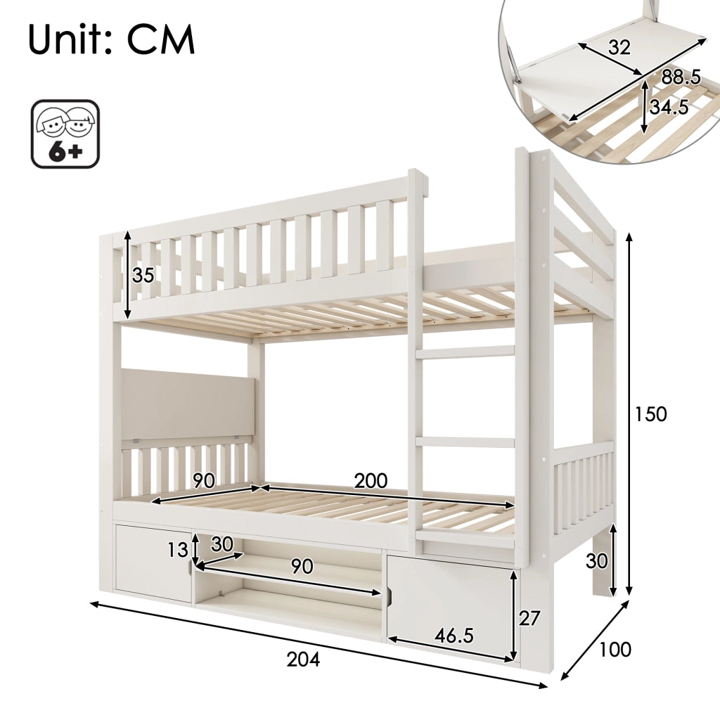 Letto a castello per bambini 90 × 200 cm con tavolo pieghevole, scarpiera e armadi, senza materasso