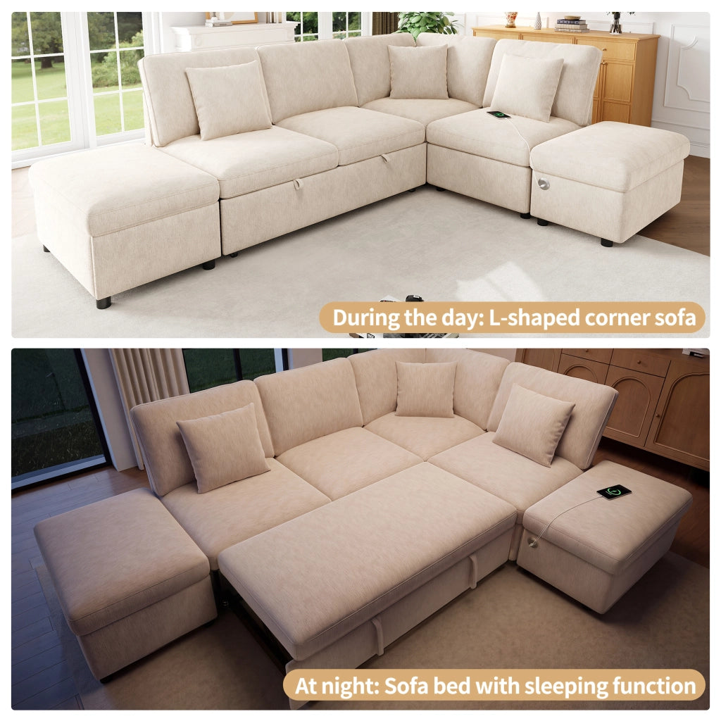 Divano angolare modulare con letto estraibile, poggiapiedi contenitore e porte USB e Type-C in ciniglia beige