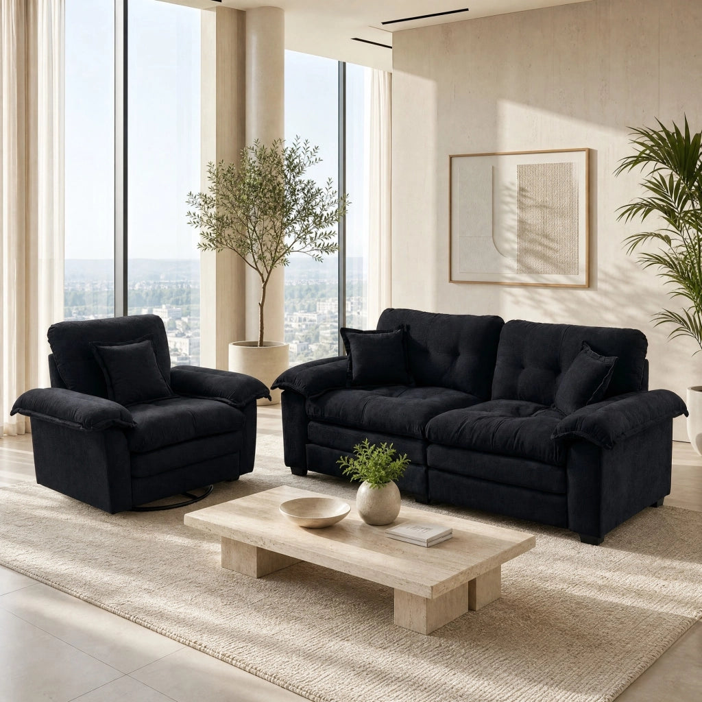 Set di divani 1 posto e 2 posti in cheniglia nera con sedute profonde memory foam e cuscini decorativi