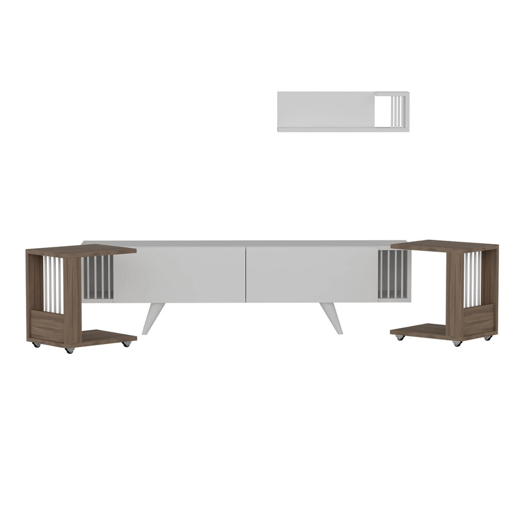 Set di Mobili da Soggiorno 'Glostrup' Composto di Mensola da Muro, Mobile Porta TV e 2 Tavolini - Rovere  / Bianco [en.casa]