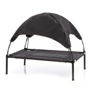 Brandina per cani e gatti con tettoia nera, cuccia per cani max 35kg, lettino da esterno per animali con tettuccio parasole, 91x76x16cm