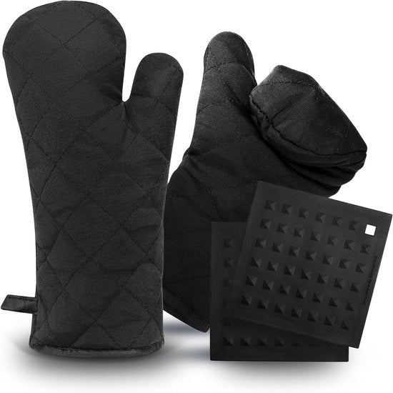 Set di salviette e sottopiani in cotone extra soffice e lavabile, resistente al calore fino a 250 °C con sottopiani in silicone per cucina e cottura (nero)