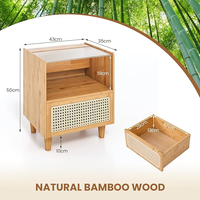 Comodino in bambù, comodino con cassetto in rattan e scomparto aperto, tavolino con piano in vetro, divano in legno vintage, comodino con fessure di passacavi, 43 x 35 x 50 cm (2 Naturale)