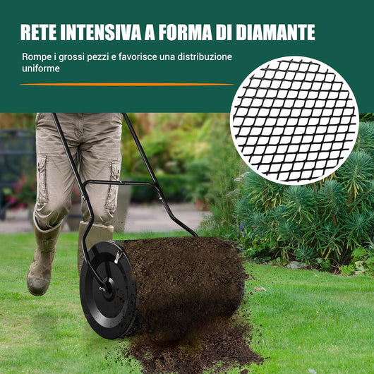 Spandiconcime da 60,5 cm, Rullo da Giardino con Impugnatura Pratica Chiusure Laterali e Rete in Metallo per Concimazione e Semina, Rullo Spandiconcime per Prato Giardino, Verde (Nero)