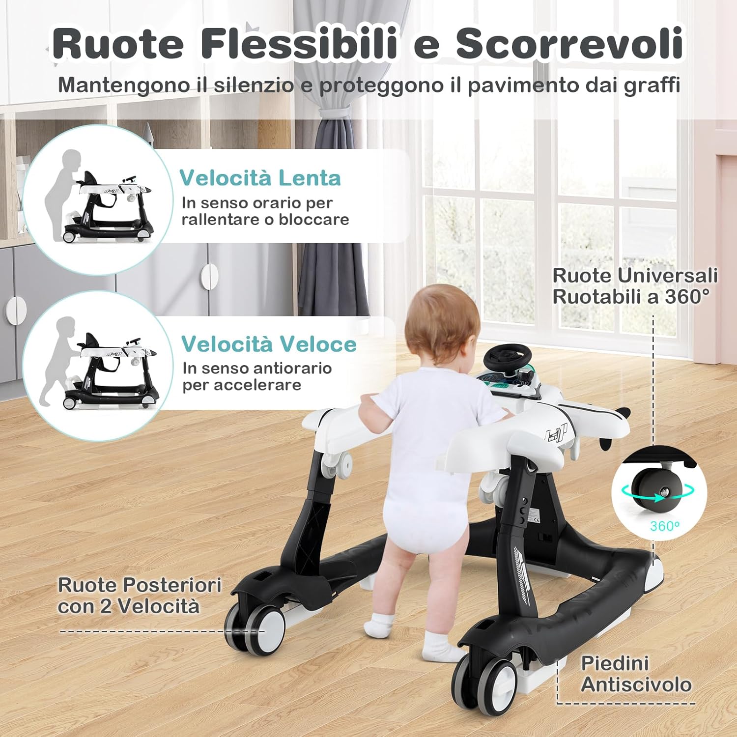 6 in 1 Girello per Bambini, Girello Pieghevole con Altezza Regolabile a 3 Livelli, Scatola Musicale Rimovibile, Vassoio per Alimenti, Portata 12 kg, per Bambini di 6-18 Mesi (Bianco)