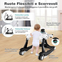 6 in 1 Girello per Bambini, Girello Pieghevole con Altezza Regolabile a 3 Livelli, Scatola Musicale Rimovibile, Vassoio per Alimenti, Portata 12 kg, per Bambini di 6-18 Mesi (Bianco)