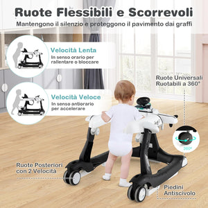 6 in 1 Girello per Bambini, Girello Pieghevole con Altezza Regolabile a 3 Livelli, Scatola Musicale Rimovibile, Vassoio per Alimenti, Portata 12 kg, per Bambini di 6-18 Mesi (Bianco)
