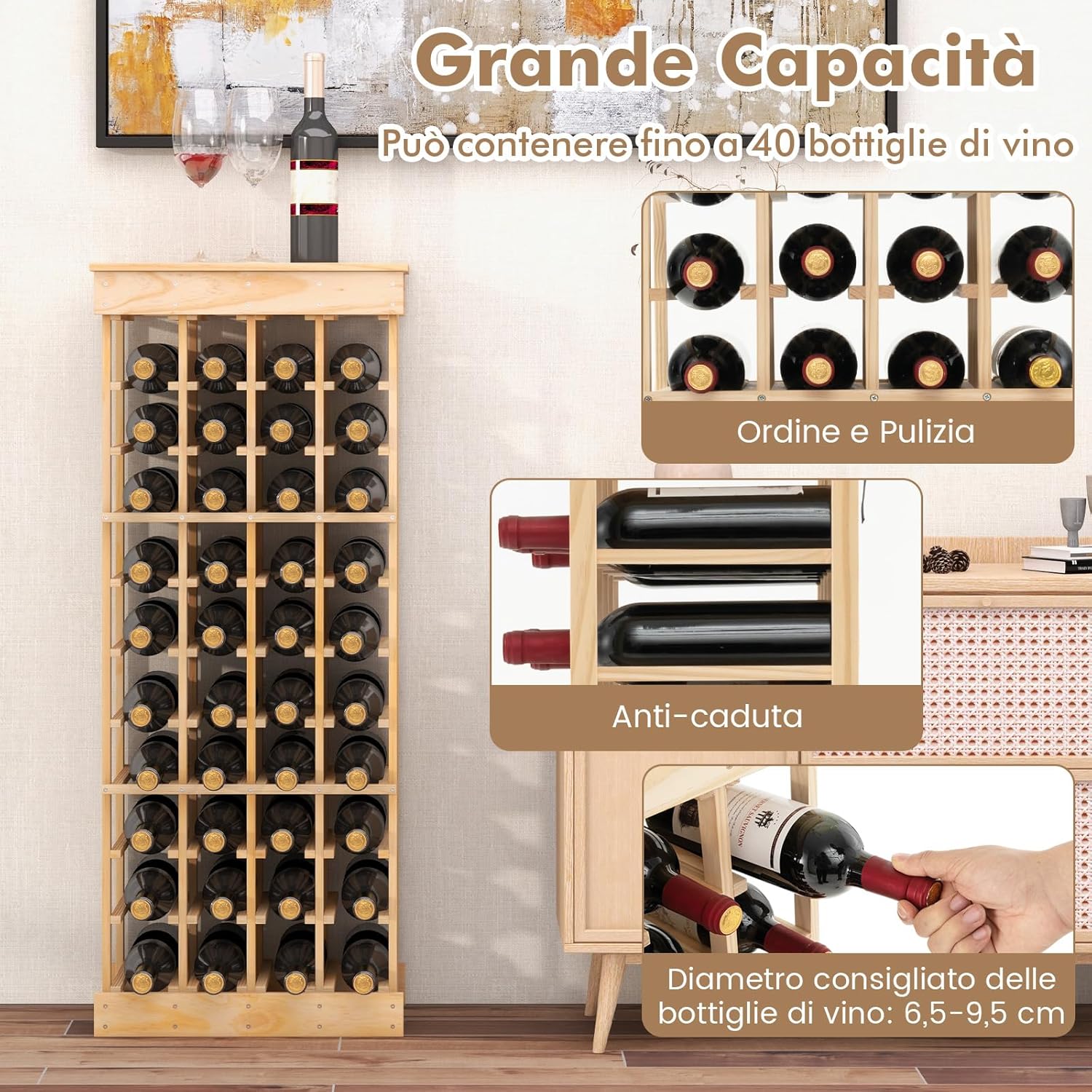 Portabottiglie di Vino, Scaffale per 40 Bottiglie di Vino in Legno di Pino, Cantinetta Porta Vino, 113 x 47 x 28 cm (Con Traversa)