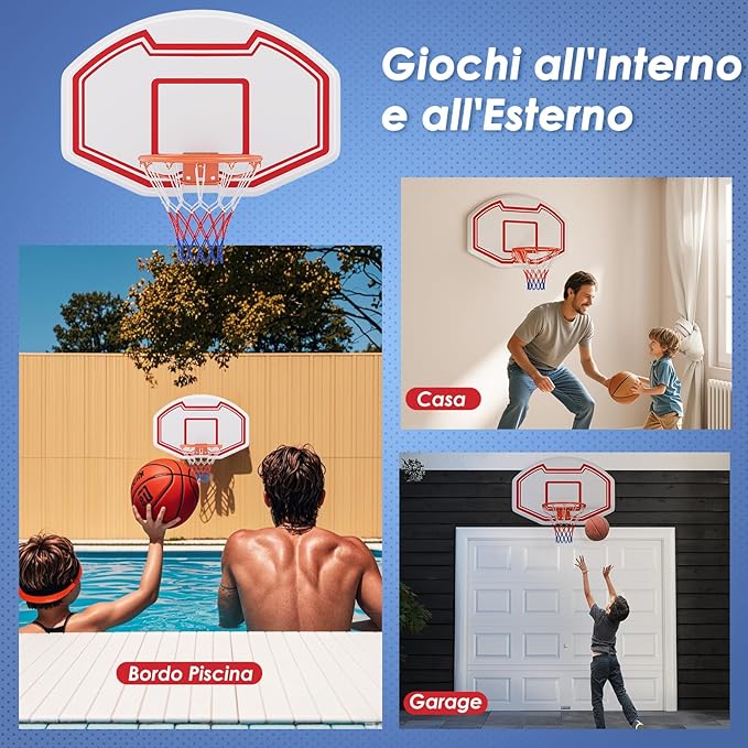 Tabellone Basket a Muro Interno ed Esterno, Canestro da Basket a Parete con Tabellone Anti-Rottura da 91 x 61 cm, Rete Resistente e Cerchio Standard da 45 cm