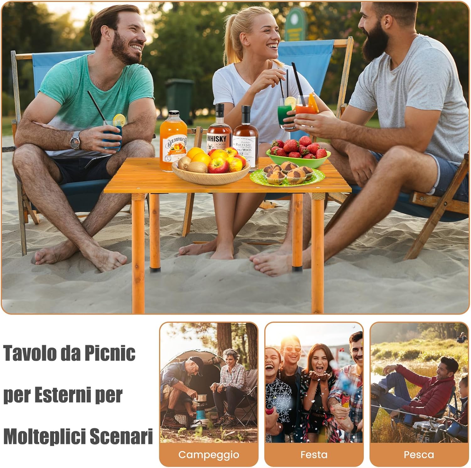 Tavolo da Campeggio Pieghevole per Esterni, Tavolo Picnic in Legno con Borsa Portatile, Tavolo da Campeggio Multifunzione per Spiaggia, Picnic, Pesca, Barbecue, 69 x 69 x 42 cm (Naturale)