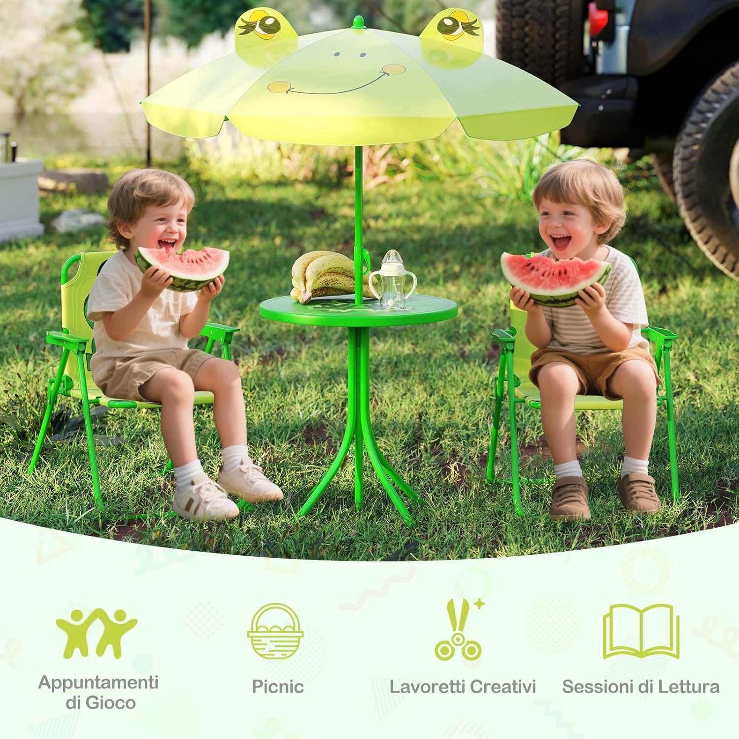 Set Tavolo da Giardino Bambini con 2 Sedie Pieghevoli, Tavolino da Esterno con Ombrellone in Poliestere Regolabile in Altezza, Set Mobili da Giardino per Bambini 3-6 Anni (Rana, Verde Chiaro)