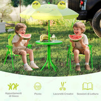 Set Tavolo da Giardino Bambini con 2 Sedie Pieghevoli, Tavolino da Esterno con Ombrellone in Poliestere Regolabile in Altezza, Set Mobili da Giardino per Bambini 3-6 Anni (Rana, Verde Chiaro)
