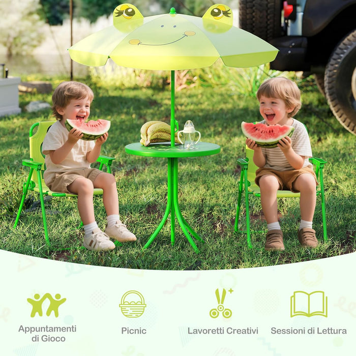 Set Tavolo da Giardino Bambini con 2 Sedie Pieghevoli, Tavolino da Esterno con Ombrellone in Poliestere Regolabile in Altezza, Set Mobili da Giardino per Bambini 3-6 Anni (Rana, Verde Chiaro)