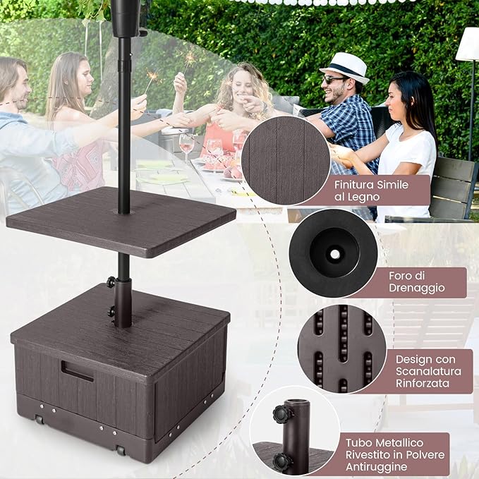 Base per Ombrellone, con Tavolino e Sacca Ponderata, Supporto per Ombrellone 45L di Acqua, 67 kg di Sabbia, Base Ombrellone 3 in 1 con Vassoio, per Ombrellone 38 mm/48 mm (Marrone)
