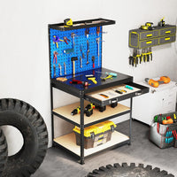 Banco da Lavoro con Piano da 80 x 40 cm, Banco da Lavoro Officina con Pannello Forato e 20 Ganci Porta Attrezzi, Tavolo da Lavoro per Garage con Cassetto e 2 Mensole (Blu)