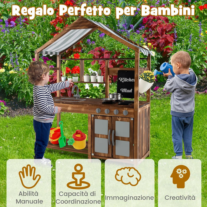 Set da Cucina per Bambini, Cucina da Giardino con Tettoia, Rubinetto Girevole e Lavello Rimovibile, Fornelli e Manopole Realistici, Lavagna, per Bambini 3-7 Anni