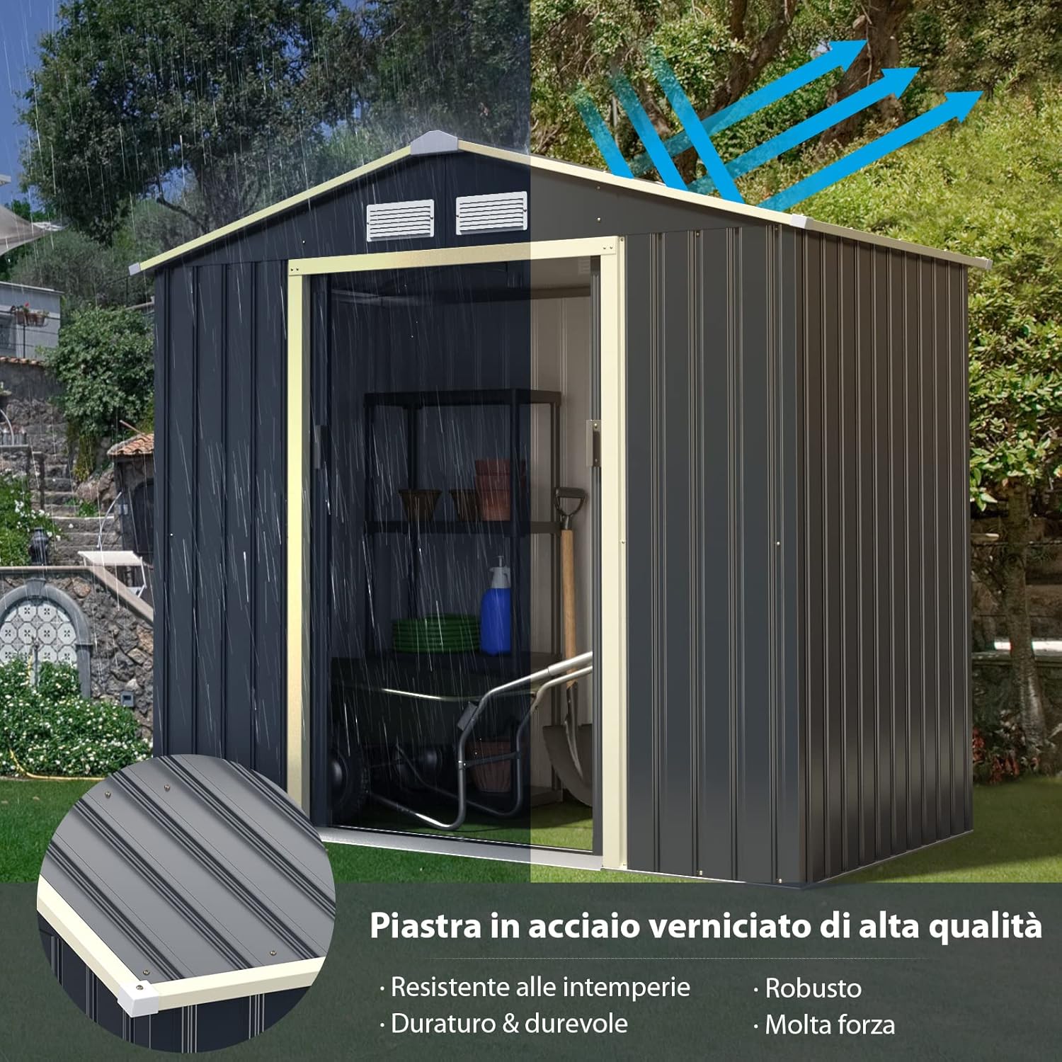 Casetta da Giardino Porta Attrezzi in Lamiera Acciaio Zincato 2,38 M2, Capanno da Esterno con Tettoia, Sfilati e Ante Scorrevoli, Adatto a Cortile, Giardino e Fattoria (203 x 117 x 195 cm)