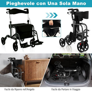 Deambulatore Multiuso 2 in 1, Deambulatore per Anziani in Alluminio con Altezza Regolabile a 6 Livelli, Poggiapiedi Pieghevole (Nero)