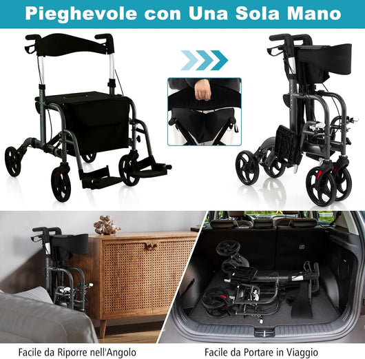 Deambulatore Multiuso 2 in 1, Deambulatore per Anziani in Alluminio con Altezza Regolabile a 6 Livelli, Poggiapiedi Pieghevole (Nero)