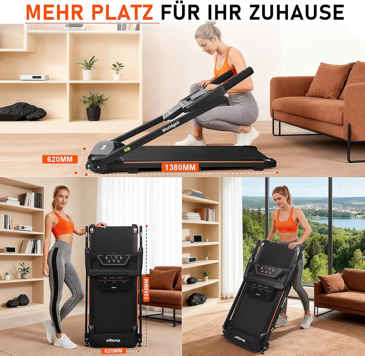 ZMH Tapis roulant da casa pieghevole con schermo LED e corrimano pulsante di misurazione della frequenza cardiaca