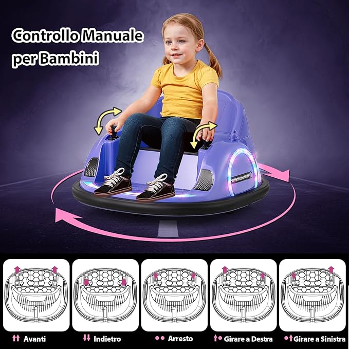 12V Autoscontro Elettrico per Bambini, Macchina Elettrica Cavalcabile con Telecomando, Luci Musica e Imbottitura Anti-collisione, Auto a Scontro per Bambini 18 Mesi + (Viola)
