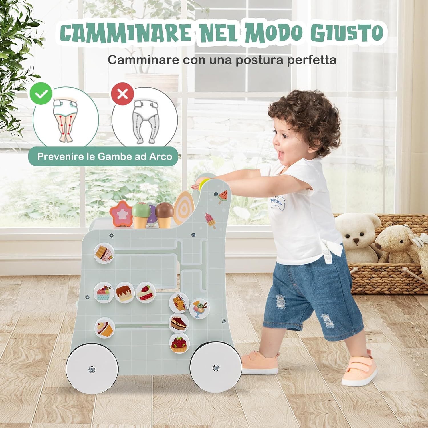 Girello 2 in 1 per Bambini, Carrello Primi Passi in Legno con Spazio di Archiviazione, Negozio di Dolci con Gelati, Cursori, Labirinto, Piatto e Cucchiaio, Centro Attività per 1+ Anni (Verde)