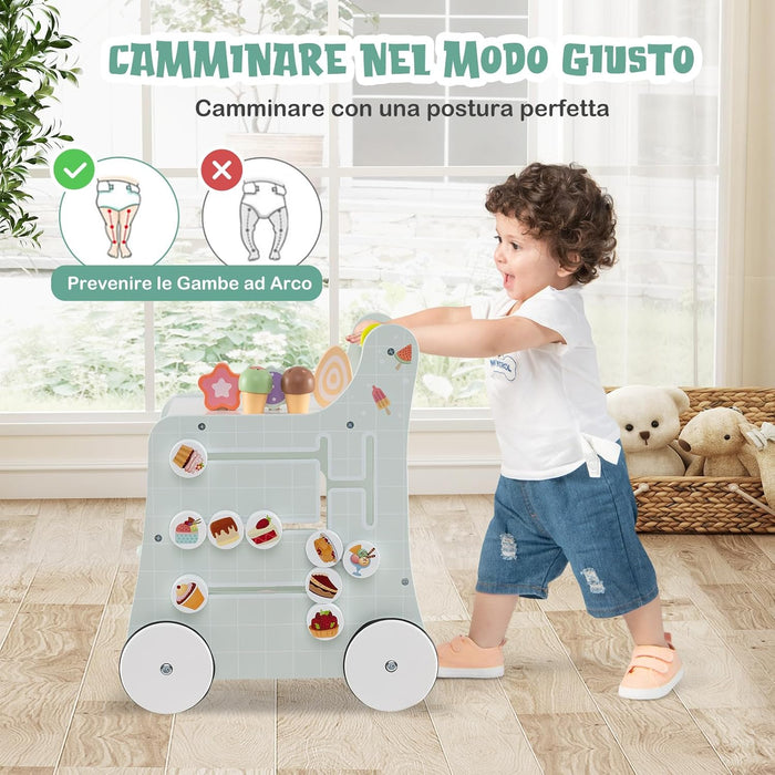 Girello 2 in 1 per Bambini, Carrello Primi Passi in Legno con Spazio di Archiviazione, Negozio di Dolci con Gelati, Cursori, Labirinto, Piatto e Cucchiaio, Centro Attività per 1+ Anni (Verde)