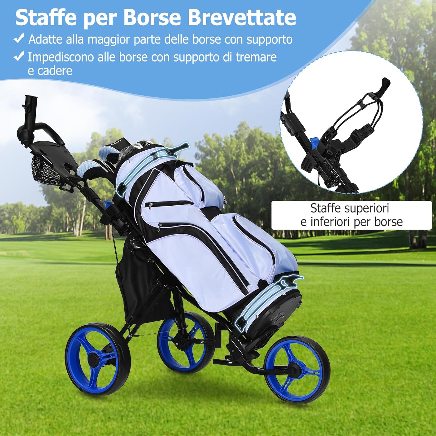 Carrello da Golf Pieghevole con 3 Ruote, Trolley da Golf Altezza Regolabile di Alluminio con Sedile, Porta Ombrello e Porta Bevande