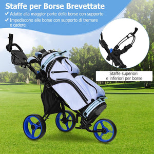 Carrello da Golf Pieghevole con 3 Ruote, Trolley da Golf Altezza Regolabile di Alluminio con Sedile, Porta Ombrello e Porta Bevande