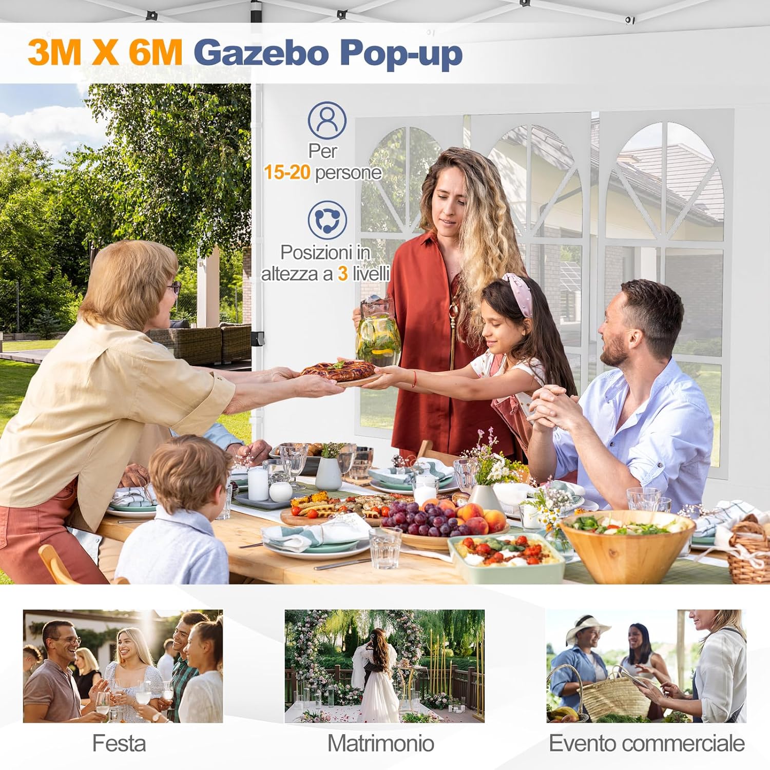 Gazebo da Giardino 3 x 6 m, Tendone per Feste con 6 Pannelli Laterali Rimovibili, con Borsa da Trasporto, Design Pop-up, per Matrimonio Eventi e Barbecue (Bianco)