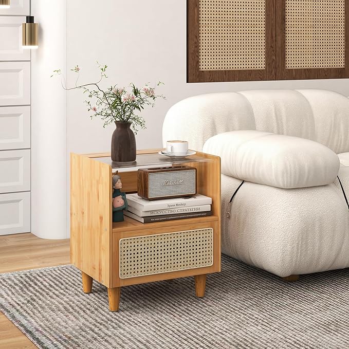 Comodino in bambù, comodino con cassetto in rattan e scomparto aperto, tavolino con piano in vetro, divano in legno vintage, comodino con fessure di passacavi, 43 x 35 x 50 cm (2 Naturale)