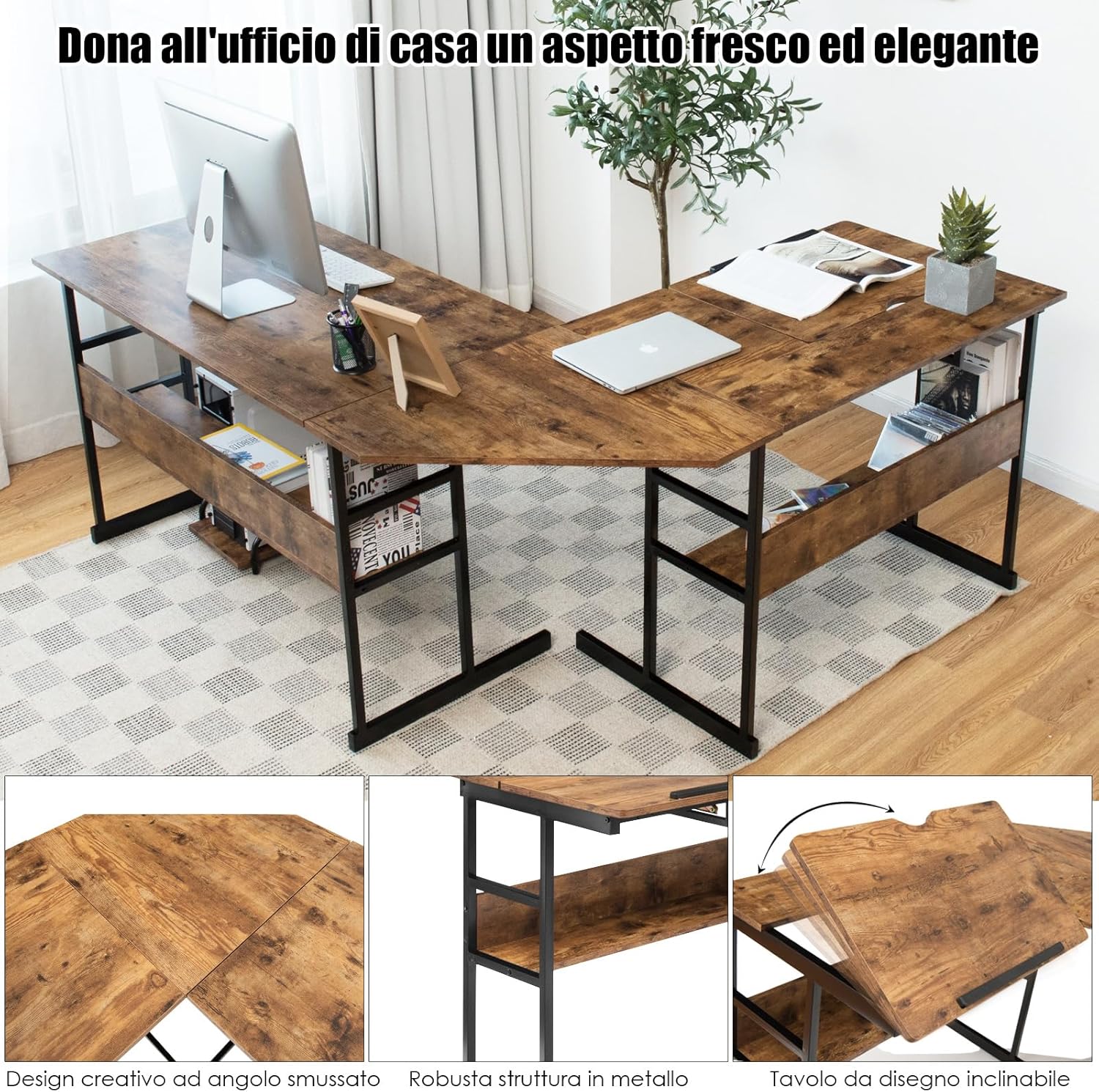 Scrivania Angolare 170 CM, Scrivania per Computer ad Angolo Moderna con Piano Inclinabile, Scaffale Inferiore e Supporto per CPU, Scrivania a Forma di L per Ufficio e Studio (Marrone)