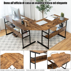 Scrivania Angolare 170 CM, Scrivania per Computer ad Angolo Moderna con Piano Inclinabile, Scaffale Inferiore e Supporto per CPU, Scrivania a Forma di L per Ufficio e Studio (Marrone)