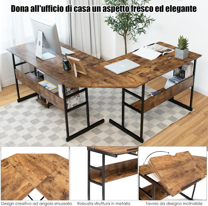 Scrivania Angolare 170 CM, Scrivania per Computer ad Angolo Moderna con Piano Inclinabile, Scaffale Inferiore e Supporto per CPU, Scrivania a Forma di L per Ufficio e Studio (Marrone)